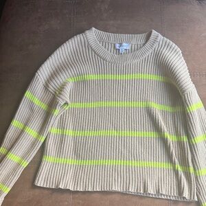Evereve Cream Ribbed Crewneck with Neon Yellow Stripes